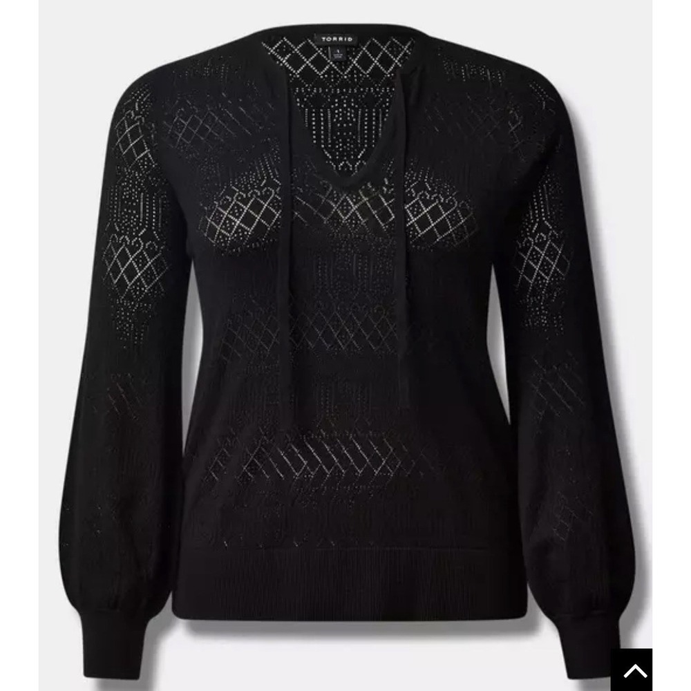 TORRID Pointelle Pullover Tie Neck V  Neck Sweater Black Size 1 Puff Sleeve